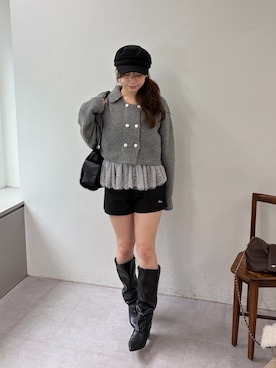 「Chico（チコ）のくるみボタンキャスケット（キャップ、ブラック系）」を使った、nagochanさん（レディース・156cm）の秋コーディネート