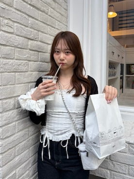 「Chico（チコ）のバックドロストシアーカーディガン（カーディガン/ボレロ、ブラック系）」を使った、nagochanさん（レディース・156cm）の春コーディネート