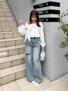 「Chico（チコ）のオフショルリボンバルーンブラウス（シャツ/ブラウス、ホワイト系）」を使った、nagochanさん（レディース・156cm）の春コーディネート