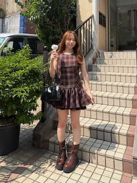 「Chico（チコ）のノースリティアードミニワンピース（ワンピース、レッド系）」を使った、nagochanさん（レディース・156cm）の夏コーディネート