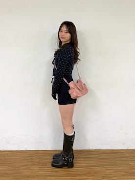 「Chico（チコ）の【セットアップ対応】リボンコンパクトニットカーディガン（カーディガン/ボレロ、ブルー系）」を使った、nagochanさん（レディース・156cm）の春コーディネート