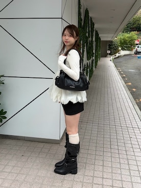 「Chico（チコ）の【SALON by Chico】チューリップチュールバルーントップス（Tシャツ/カットソー、ホワイト系）」を使った、nagochanさん（レディース・156cm）の春コーディネート