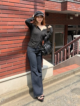 「Chico（チコ）の2wayシアーロンT（Tシャツ/カットソー、ブラック系）」を使った、nagochanさん（レディース・156cm）の夏コーディネート