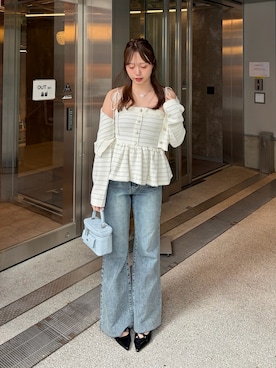 「Chico（チコ）の【WEB限定カラーあり】ペプラムニットベアトップス（ニット/セーター、ホワイト系）」を使った、nagochanさん（レディース・156cm）の春コーディネート