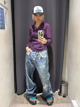 「WHO'S WHO gallery（フーズフーギャラリー）の【BLESSYOU】ダメージ風トロンプルイユデニム（その他パンツ、ブルー系）」を使った、カポさん（レディース・162cm）の夏コーディネート