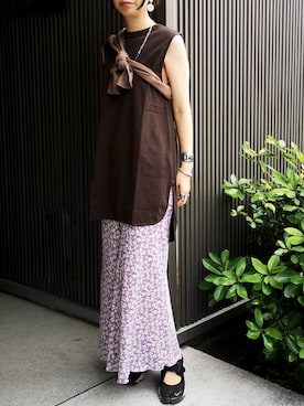 「アイテム（カーディガン/ボレロ、ブラウン系）」を使った、akahori_picさん（レディース・161cm）の夏コーディネート