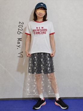 「niko and...（ニコアンド）のアソートロゴリンガーTシャツ（Tシャツ/カットソー、ホワイト系）」を使った、🍠ゆみっつ🍠さん（レディース・173cm）の春コーディネート