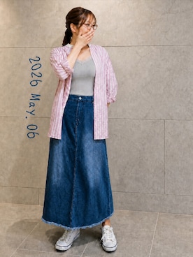 「AMERICAN HOLIC（アメリカンホリック）のイージーケアバンドカラーシャツチュニック（シャツ/ブラウス、ピンク系）」を使った、🍠ゆみっつ🍠さん（レディース・173cm）の春コーディネート