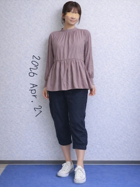 「SallyLunn（サリーラン）のサルエルカーゴパンツ（カーゴパンツ、ブラック系）」を使った、🍠ゆみっつ🍠さん（レディース・173cm）の春コーディネート