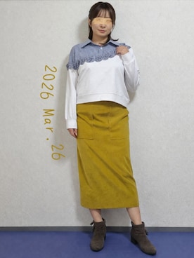 「andme（アンドミー）のストレッチベイカータイトロングスカート ウエストゴム（スカート、イエロー系）」を使った、🍠ゆみっつ🍠さん（レディース・173cm）の春コーディネート
