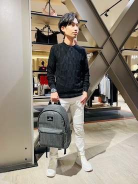 「ARMANI EXCHANGE（アルマーニエクスチェンジ）の【A|X アルマーニ エクスチェンジ】バイカー　ダメージデニムパンツ_J27/SKINNY（デニムパンツ）」を使った、HANMAさん（メンズ・169cm）の夏コーディネート