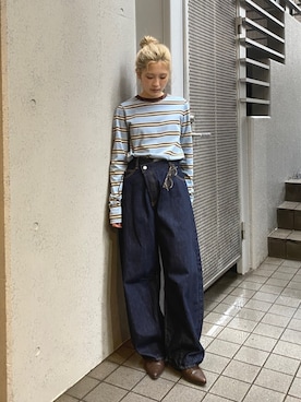 「Ungrid（アングリッド）のボーダーロングスリーブTee（Tシャツ/カットソー、ブルー系）」を使った、秋本すずかさん（レディース・155cm）の夏コーディネート