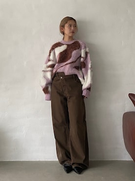 「Ungrid（アングリッド）のシャギージャカードニット（ニット/セーター、ピンク系）」を使った、秋本すずかさん（レディース・155cm）の秋コーディネート