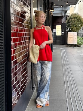 「Ungrid（アングリッド）のペプラムデザインニットキャミ（キャミソール、レッド系）」を使った、秋本すずかさん（レディース・155cm）の春コーディネート