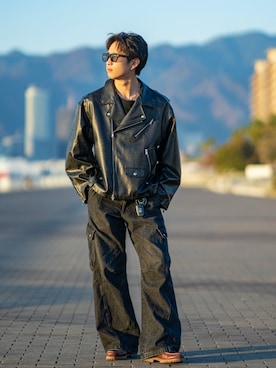 「アイテム（ライダースジャケット）」を使った、ほまちゃんさん（メンズ・176cm・20代）の冬コーディネート