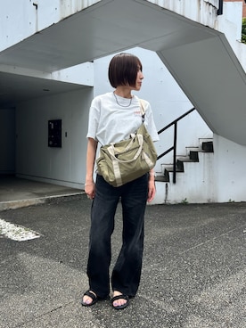 「BIRTHDAY BAR（バースデイバー）の撥水パッカブル ボストンバッグ（ボストンバッグ、ブラック系）」を使った、azukodaさん（レディース・161cm）の夏コーディネート