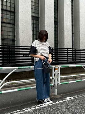 「B-DAY STORE（ビーデイストア）の【B-DAY STORE】ボーダーTシャツ　ユニセックス（Tシャツ/カットソー、ホワイト系）」を使った、azukodaさん（レディース・161cm）の春コーディネート