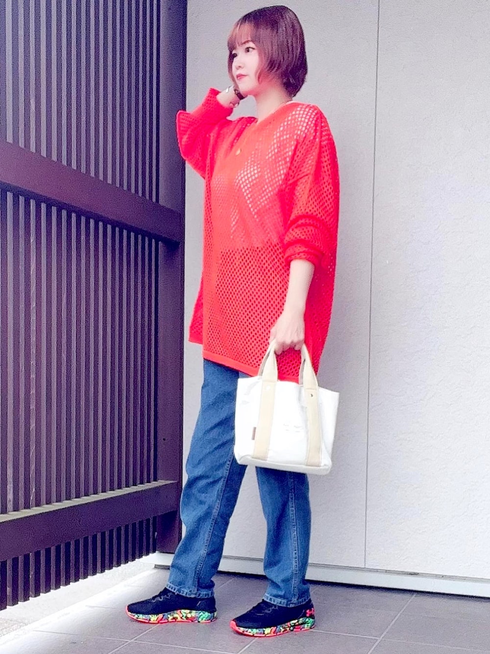 「初秋コーデ、秋服、大人女子、秋🍁コーデ、休日コーデ、秋服コーデ」｜「NYLAUSの別注 おもてリンキング オーバーニットメッシュTシャツ（ニット/セーター、オレンジ系）」を使った、えりりんさん（レディース・161cm）の秋コーディネートの1枚目の写真