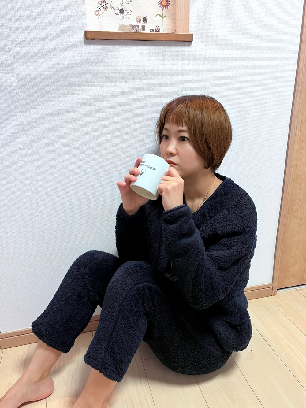 「フェルトマリエッタ、feltmaglietta、秋冬コーデ、ルームウェア、ルームウェアー」｜「Felt-Magliettaのもこもこルームウェアパンツセットアップ（ルームウェア/パジャマ、ブルー系）」を使った、えりりんさん（レディース・161cm）の秋コーディネートの1枚目の写真