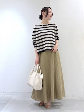 「BARNYARDSTORM（バンヤードストーム）のBARNYARDSTORM / ペーパーボーダーニット（ニット/セーター、ベージュ系）」を使った、by_oyamaさん（レディース）の春コーディネート