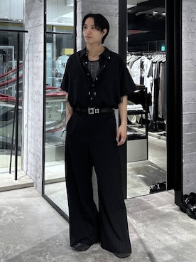 「HARE（ハレ）の【接触冷感】メタルパーツシャツ(HARE)（シャツ/ブラウス、ブラック系）」を使った、madosato0117さん（メンズ）の夏コーディネート