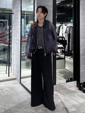 「HARE（ハレ）のストライプラインパンツ(HARE)（スラックス、ブラック系）」を使った、madosato0117さん（メンズ）の夏コーディネート