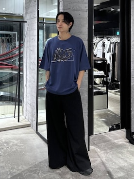 「HARE（ハレ）のストライプラインパンツ(HARE)（スラックス、ブラック系）」を使った、madosato0117さん（メンズ）の夏コーディネート