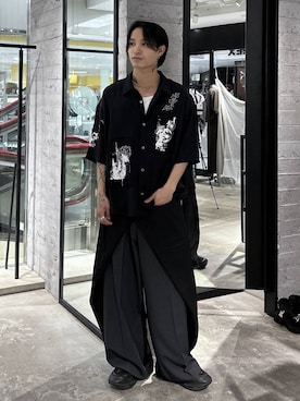 「HARE（ハレ）のドローイングパッチシャツ(HARE)（シャツ/ブラウス、ブラック系）」を使った、madosato0117さん（メンズ）の夏コーディネート