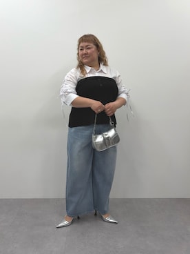 「nissen（ニッセン）の3月6日午前11:00 予約販売開始!!＜大きいサイズ＞【らめちゃんコラボ】ニットビスチェシャツドッキングトップス（シャツ/ブラウス、ホワイト系）」を使った、KMさん（レディース・160cm）の春コーディネート