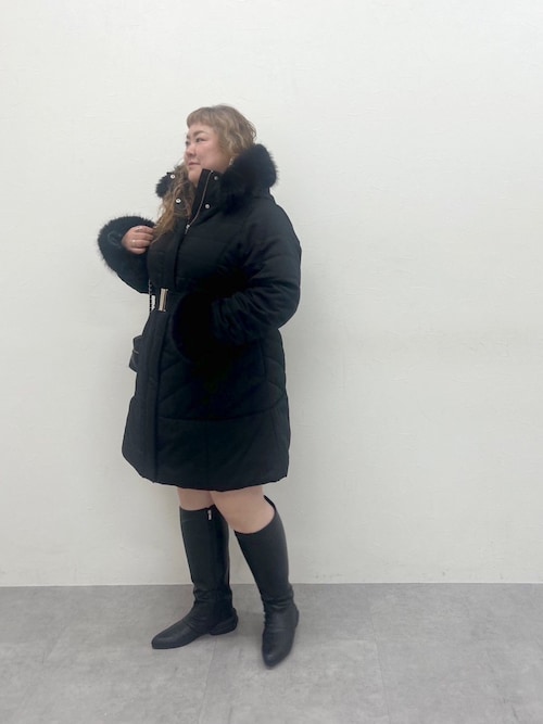 大きいサイズ＞【らめちゃんコラボ】フェイクファーフード付中綿コート