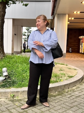 「nissen（ニッセン）のバックギャザーストライプシャツ（シャツ/ブラウス、ブルー系）」を使った、KMさん（レディース・160cm）の秋コーディネート