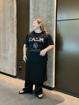 「nissen（ニッセン）の綿100％ピグメント染ロゴプリントTシャツ＜大きいサイズ有＞シックスタイル（Tシャツ/カットソー、グレー系）」を使った、KMさん（レディース・160cm）の夏コーディネート