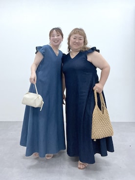 「nissen（ニッセン）のフリル袖Aラインデニムロングワンピース（ワンピース、ブルー系）」を使った、KMさん（レディース・160cm）の夏コーディネート