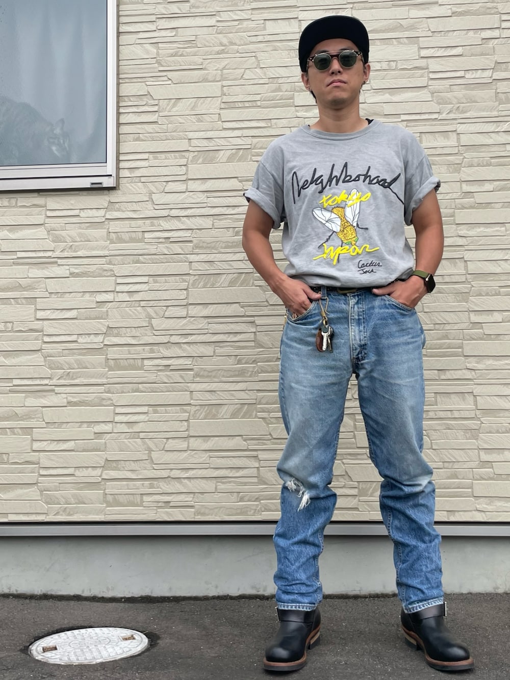 「timewornclothing、NEIGHBORHOOD、新星WEARISTAにエントリー、なつこーで、リーバイス505、RED WING、wtaps、ブーツ」｜「WTAPSのアイテム（キャップ、ブルー系）」を使った、だいしろうさん（メンズ・168cm）の冬コーディネートの1枚目の写真