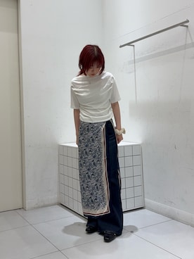 「SENSE OF PLACE by URBAN RESEARCH(センスオブプレイスバイアーバンリサーチ)のシアードレープトップ(半袖)(T Shirts、ホワイト系)」を使った、森あずささん(レディース・152cm)の夏コーディネート