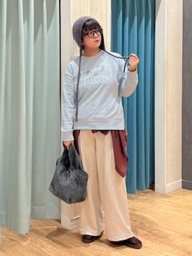「SHOO・LA・RUE（シューラルー）の【S-LL/洗濯機可】ゆるっと着られる 裏毛プリントアソートスウェット（スウェット、ブルー系）」を使った、砂糖さん（レディース・161cm）の秋コーディネート