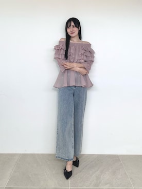 「MERCURYDUO（マーキュリーデュオ）のギャザーリボンミュール（その他シューズ、ブラック系）」を使った、kyokaさん（レディース・167cm）の夏コーディネート