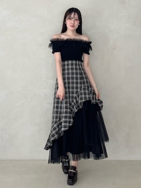 「MERCURYDUO（マーキュリーデュオ）の異素材使いラッフルティアードスカート（スカート、ブラック系）」を使った、kyokaさん（レディース・167cm）の夏コーディネート