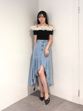「MERCURYDUO（マーキュリーデュオ）のギャザーリボンミュール（その他シューズ、ブラック系）」を使った、kyokaさん（レディース・167cm）の夏コーディネート