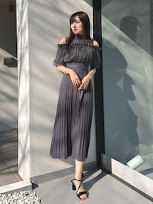 異素材ドッキングオフショルニットハーフスリーブワンピース 