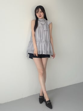 「MERCURYDUO（マーキュリーデュオ）のローファーミュール（パンプス、ブラウン系）」を使った、kyokaさん（レディース・167cm）の夏コーディネート