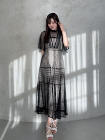 MERCURYDUO ミックスレースフレアスリーブワンピース ミックスレースフレアスリーブワンピース｜マーキュリーデュオ
