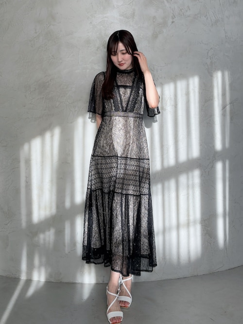 新品！MERCURYDUOミックスレースフレアスリーブワンピースM MERCURYDUO ワンピース ミックスレースフレアスリーブワンピース