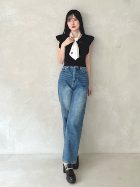 「MERCURYDUO（マーキュリーデュオ）のストレートデニムパンツ（デニムパンツ、ブルー系）」を使った、kyokaさん（レディース・167cm）の夏コーディネート