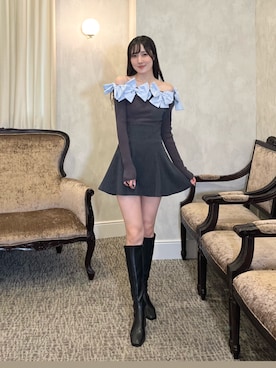 「MERCURYDUO（マーキュリーデュオ）のストレッチロングブーツ（Boots、ブラック系）」を使った、kyokaさん（レディース・167cm）の秋コーディネート