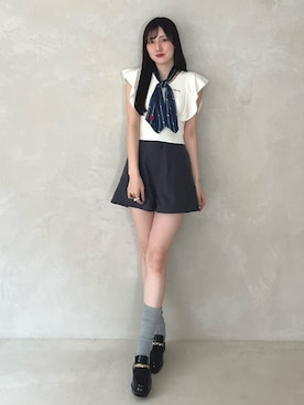 「MERCURYDUO（マーキュリーデュオ）のリネンライクショートパンツ（その他パンツ、グレー系）」を使った、kyokaさん（レディース・167cm）の夏コーディネート