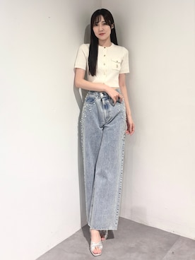 「MERCURYDUO（マーキュリーデュオ）のパールビジューデニム（デニムパンツ、ブルー系）」を使った、kyokaさん（レディース・167cm）の夏コーディネート