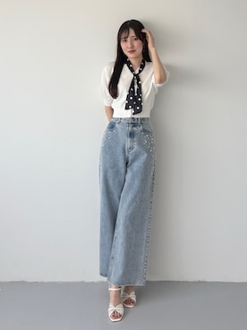 「MERCURYDUO（マーキュリーデュオ）のパールビジューデニム（牛仔裤、ブルー系）」を使った、kyokaさん（レディース・167cm）の春コーディネート