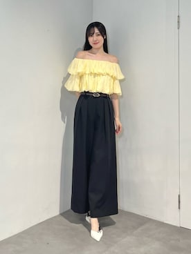 「MERCURYDUO（マーキュリーデュオ）のベルト付タックフレアパンツ（その他パンツ、ブラック系）」を使った、kyokaさん（レディース・167cm）の夏コーディネート