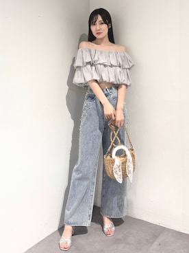 「MERCURYDUO（マーキュリーデュオ）のパールビジューデニム（デニムパンツ、ブルー系）」を使った、kyokaさん（レディース・167cm）の夏コーディネート